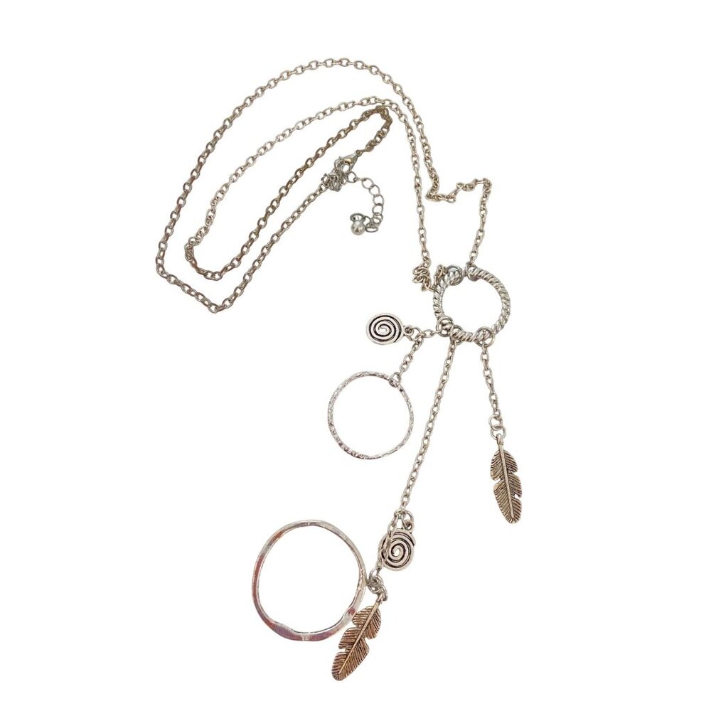 Boho Silver tone Feather Charm Necklace With Dreamcatcher Style & Swirl Design
